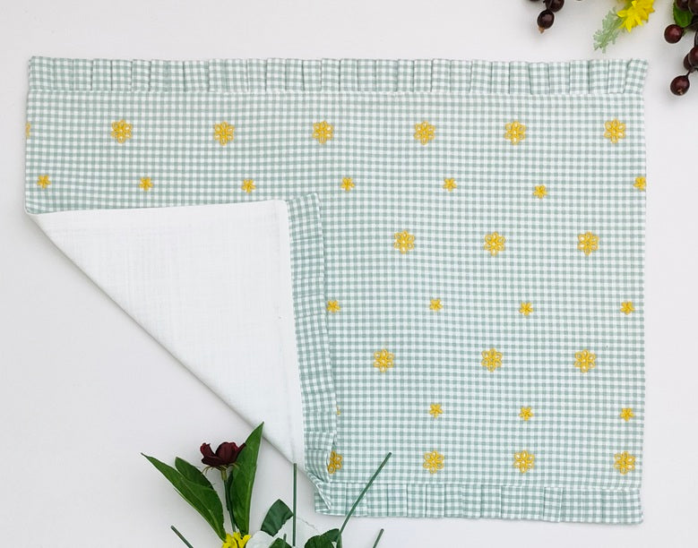 Fleur Golden Bloom Ruffled Embroidered Gingham Placemat Set  of  2Pcs