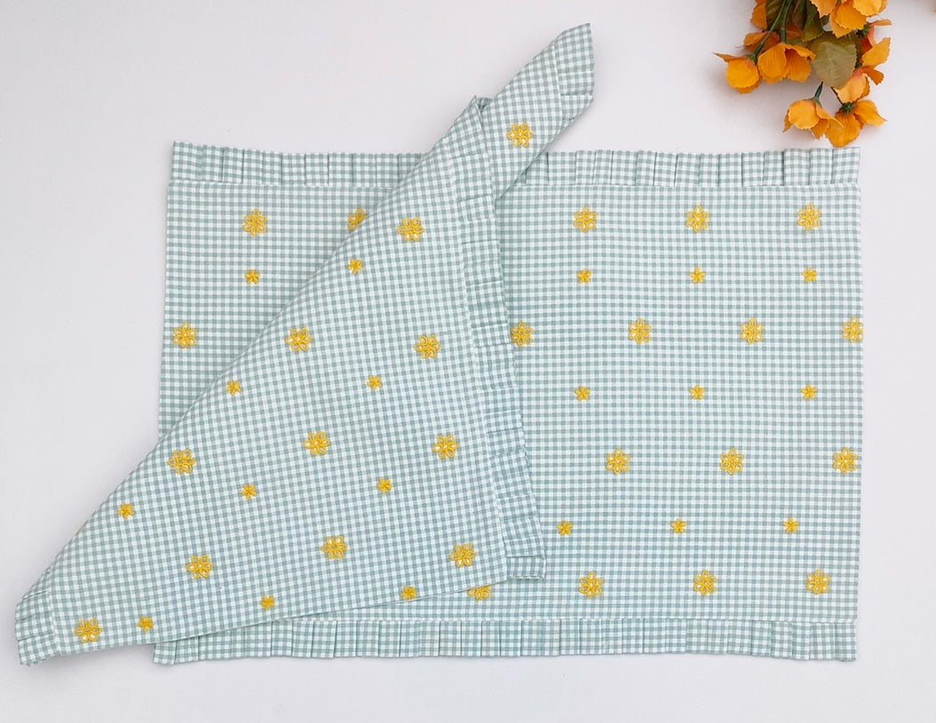 Fleur Golden Bloom Ruffled Embroidered Gingham Placemat Set  of  2Pcs