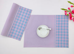 Two-Tone Woven Placemat with Checked Border and Zig-Zag Embroidery Set of 2
