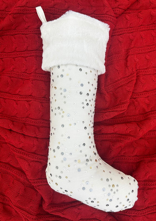 Elegant Sequin Embroidered Christmas Stocking (White/Silver) 10x20''
