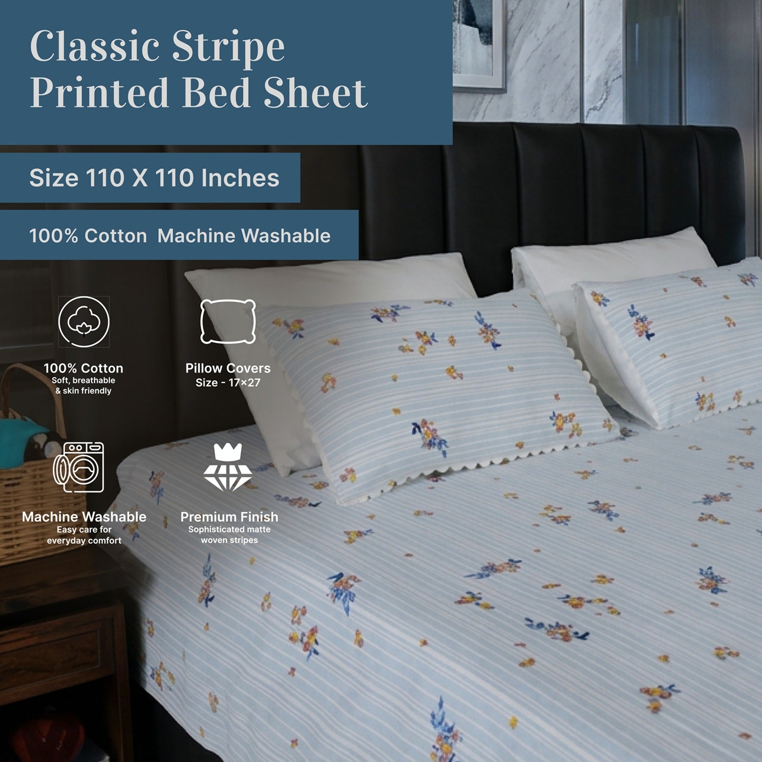Premium Striped Floral Printed Cotton-Poly Bed Sheet Set