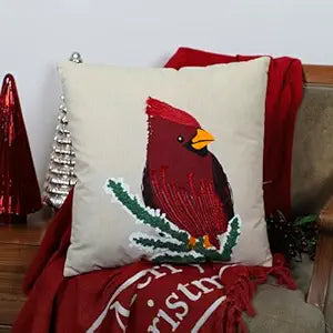Bird Print with Embroidery Cushion – Elegant Cardinal Design (18x18")