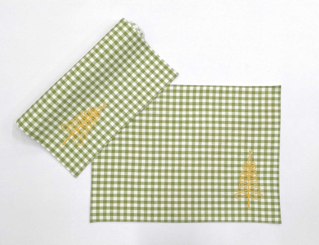 Festive Green Gingham Embroidered Placemat Set Of 2Pcs