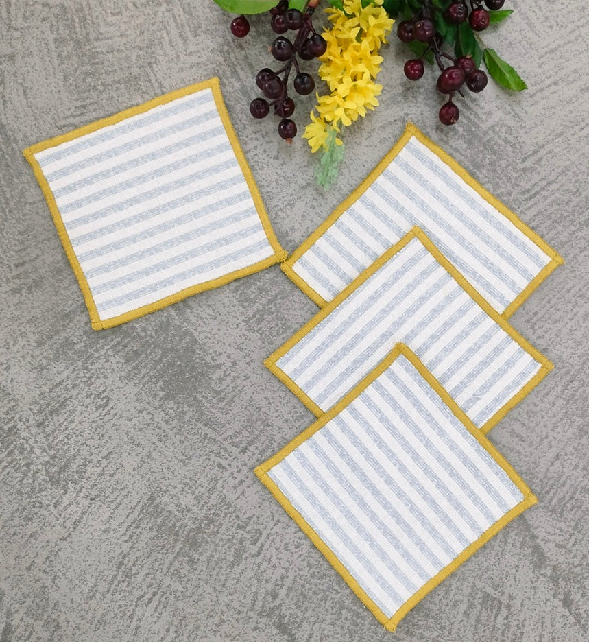 Textured Slub Stripe Linen-Look Fabric Coaster Set  Pack of 4 pieces