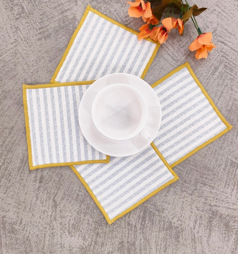 Textured Slub Stripe Linen-Look Fabric Coaster Set  Pack of 4 pieces