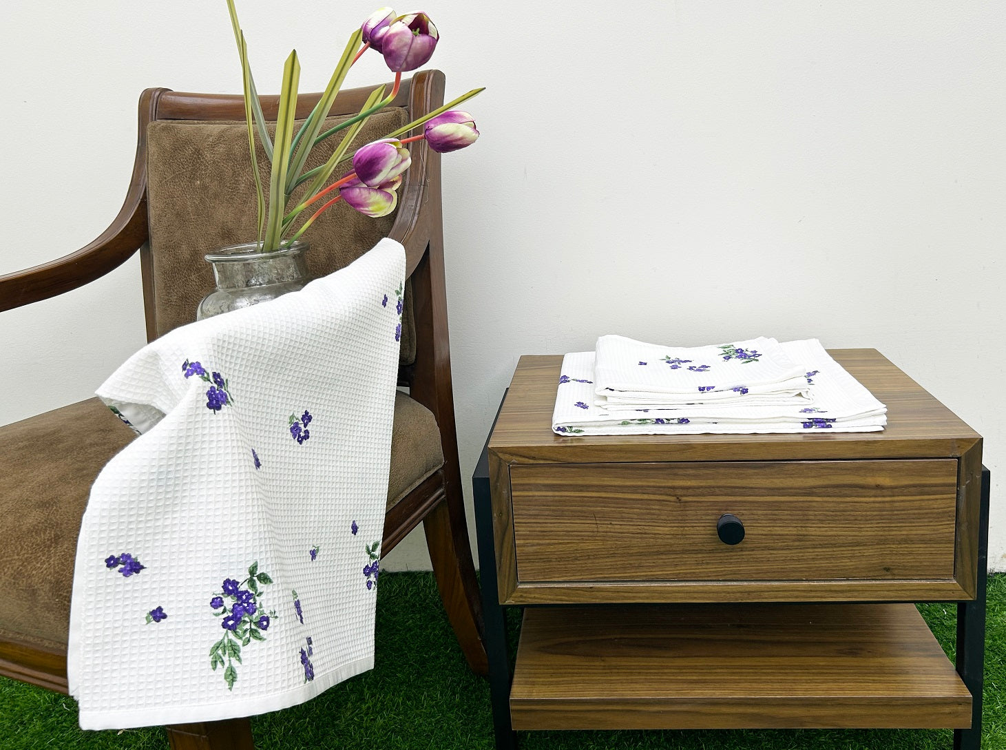 Violet Bloom Satin-Frame Cotton Waffle Towel Set Of 4 Pieces