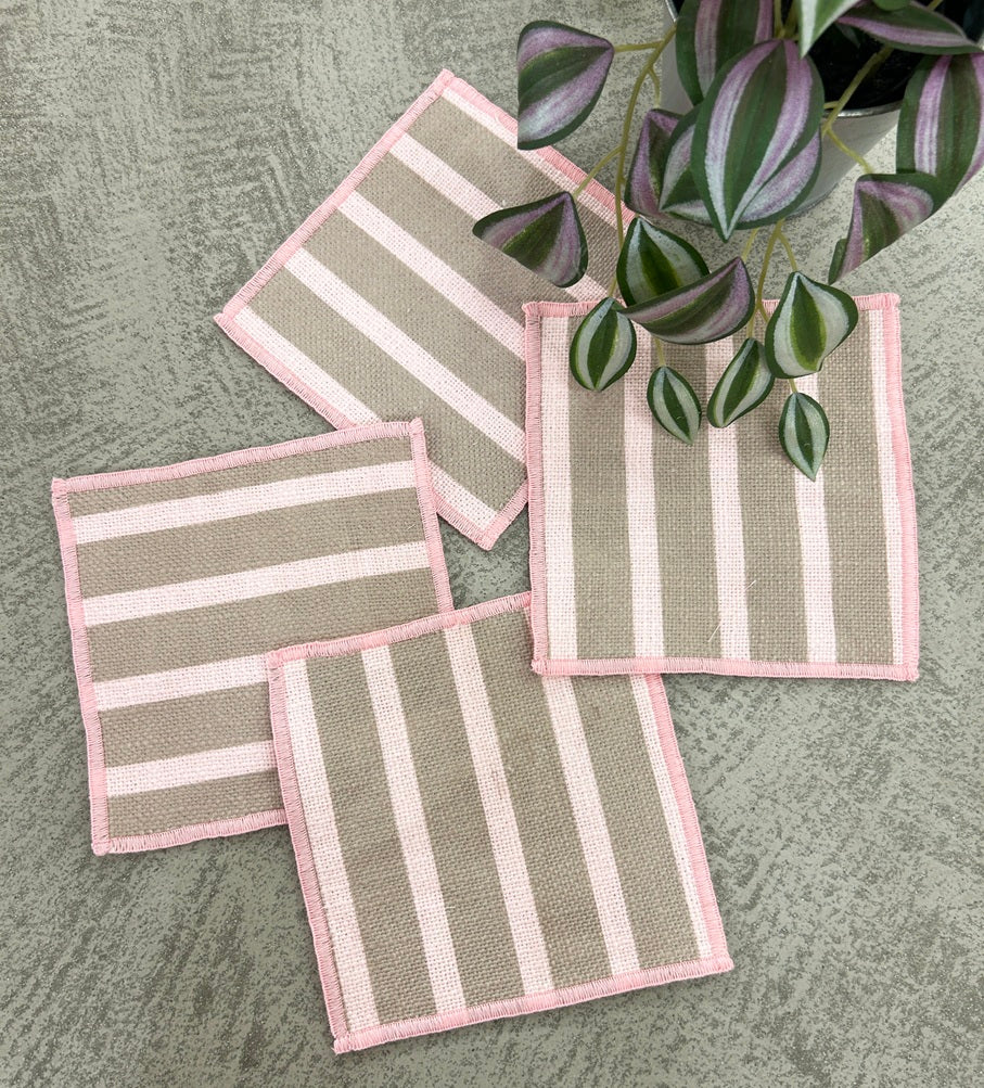 Dusty Rose Cabana Stripe Linen-Look Coaster Set  Pack of 4 pieces