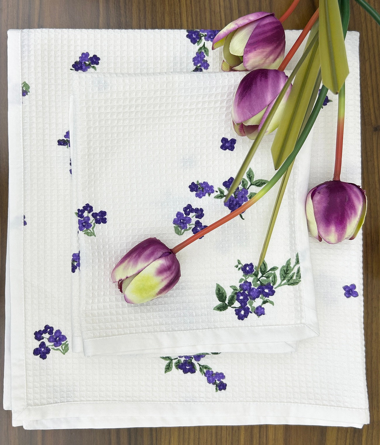 Violet Bloom Satin-Frame Cotton Waffle Towel Set Of 4 Pieces