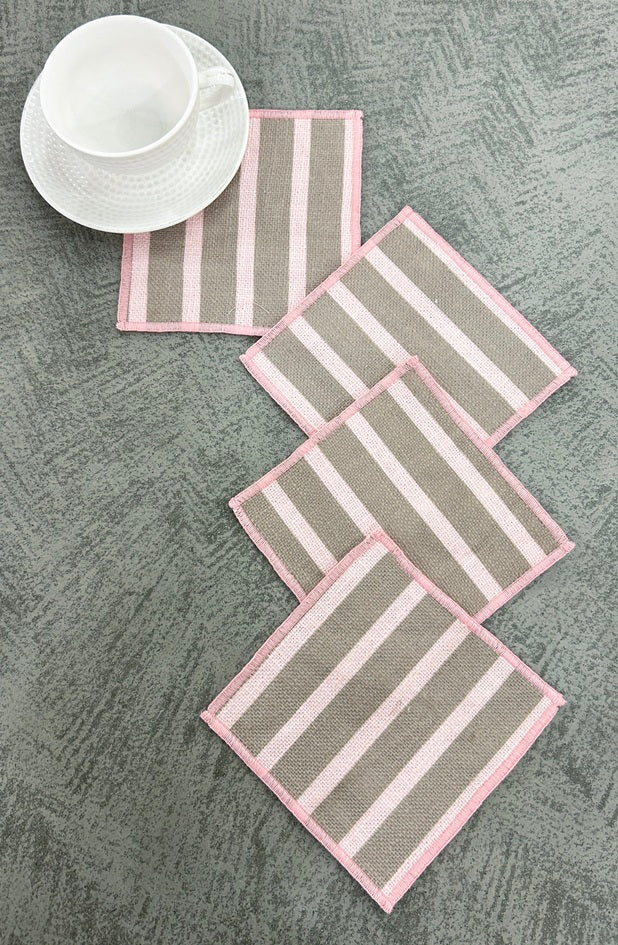 Dusty Rose Cabana Stripe Linen-Look Coaster Set  Pack of 4 pieces