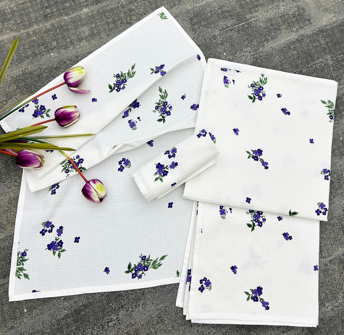 Violet Bloom Satin-Frame Cotton Waffle Towel Set Of 4 Pieces