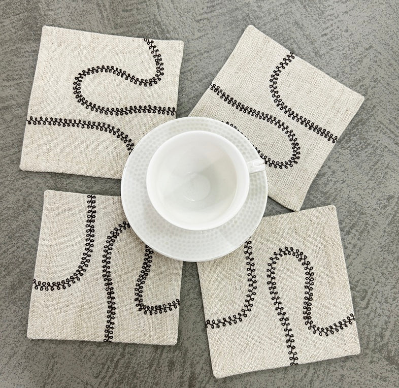 Sinuous Chainstitch Cotton-Linen Embroidered Coaster Set Pack of 4 pieces