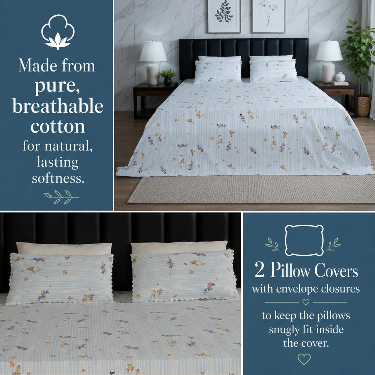 Premium Striped Floral Printed Cotton-Poly Bed Sheet Set