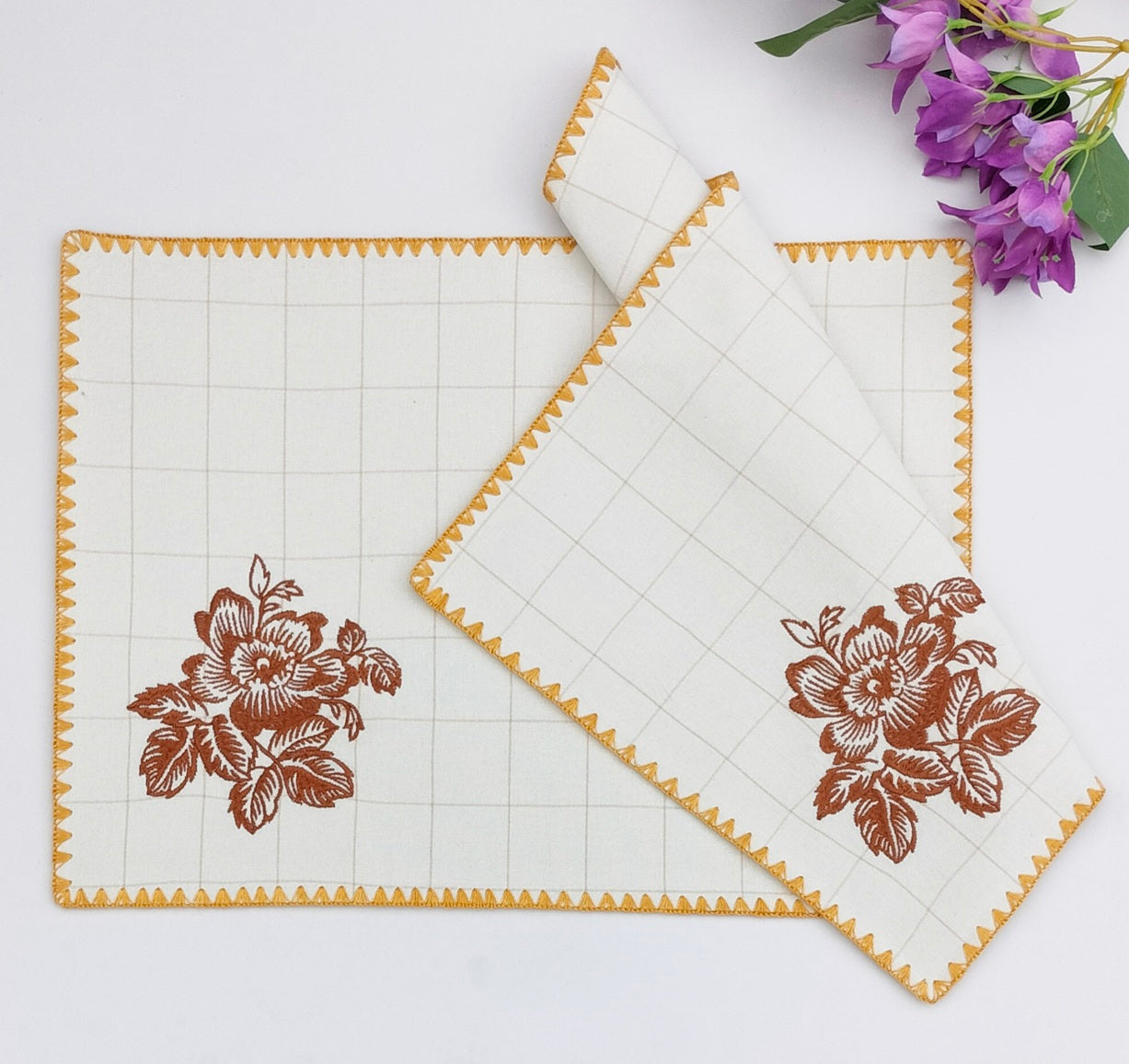 Terracotta Rose Windowpane Embroidered Cotton Placemat Set Pack of 2Pcs