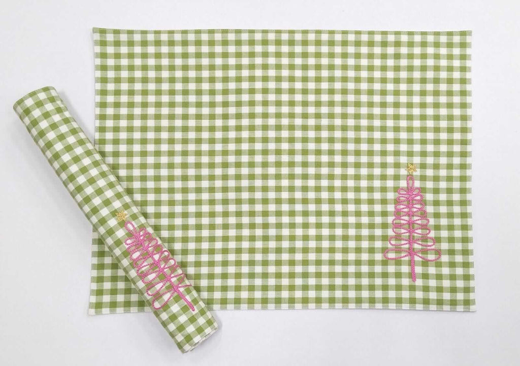 Charming Christmas Gingham Embroidered Placemat Set of 2pcs