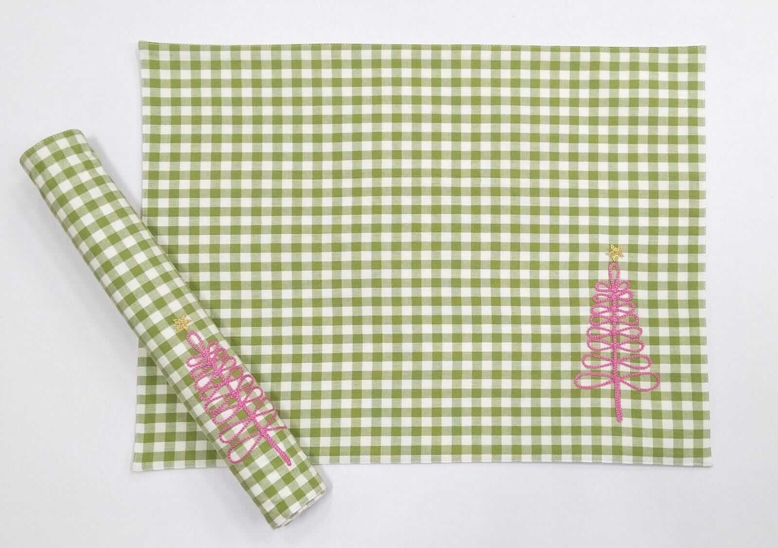Charming Christmas Gingham Embroidered Placemat Set of 2pcs
