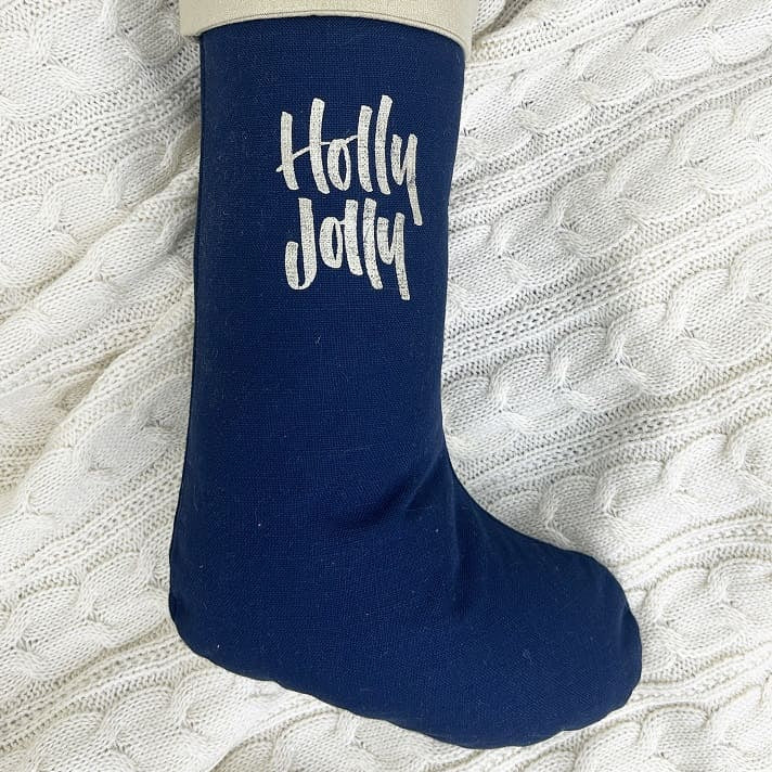 Holly Jolly Navy Blue Christmas Stocking