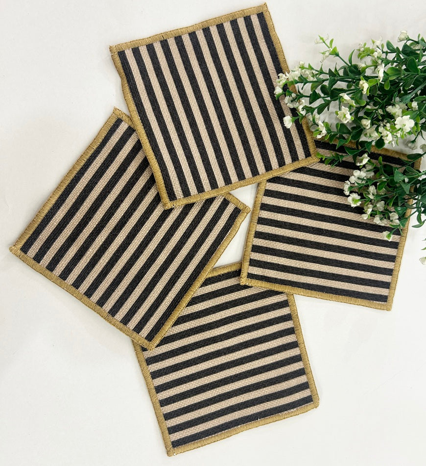 Midnight Ticking Stripe Linen-Look Coaster Set Pack of 4 pieces