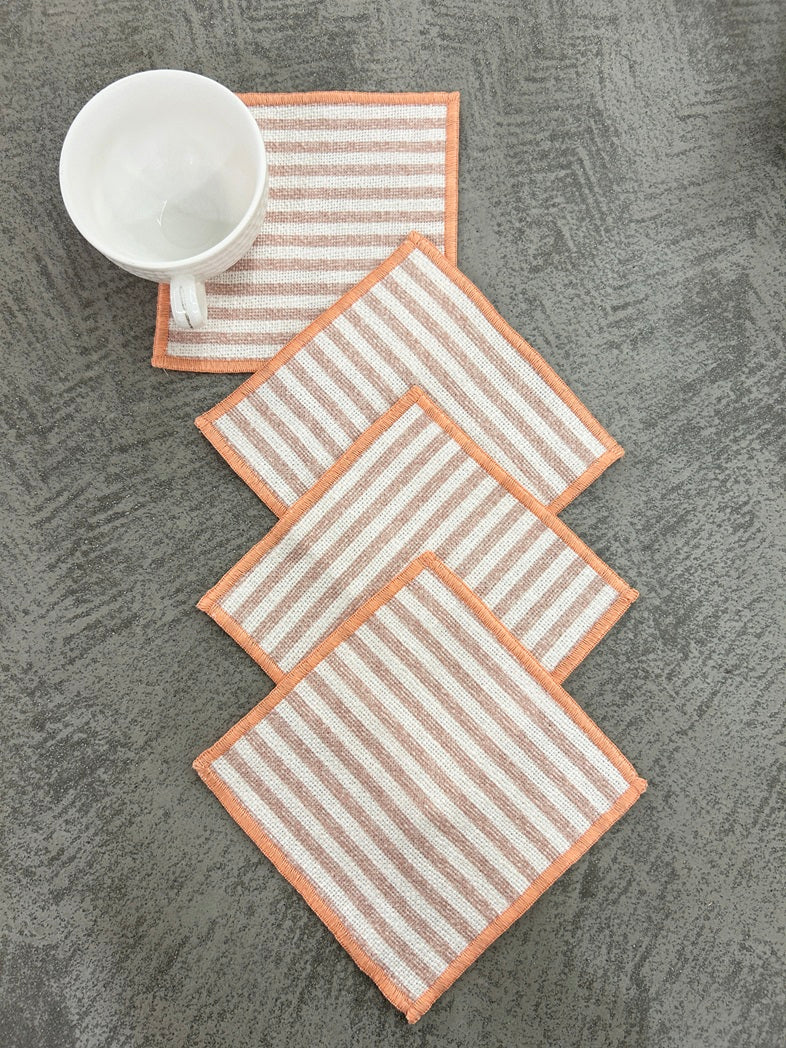 Apricot Sunset Cabana Stripe Linen-Look Coaster Set  Pack of 4 pieces