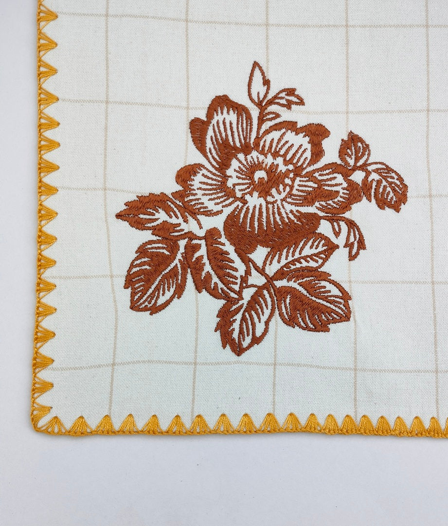 Terracotta Rose Windowpane Embroidered Cotton Placemat Set Pack of 2Pcs