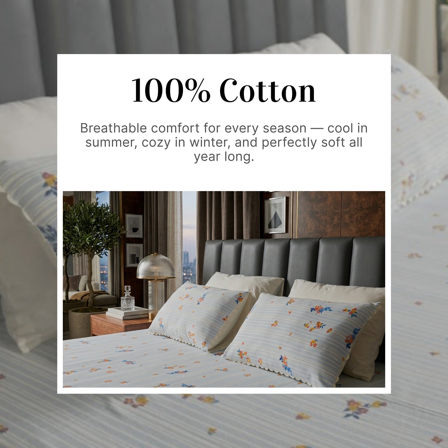 Premium Striped Floral Printed Cotton-Poly Bed Sheet Set