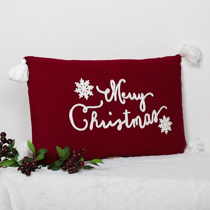 EcruE Luxury Merry Christmas Full Embroidered Pillow - 12x18 Inches, Festive Holiday Decor with Tassels | Elegant Home Décor Accent