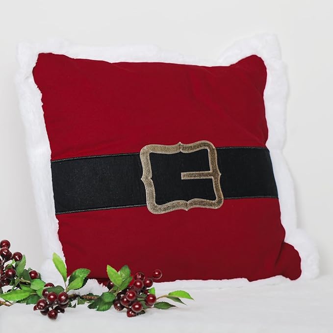 EcruE Luxury Santa Belt Applique Cushion, 18x18 Inches - Red with Gold Buckle, Christmas Decor | Elegant Home Décor Accent