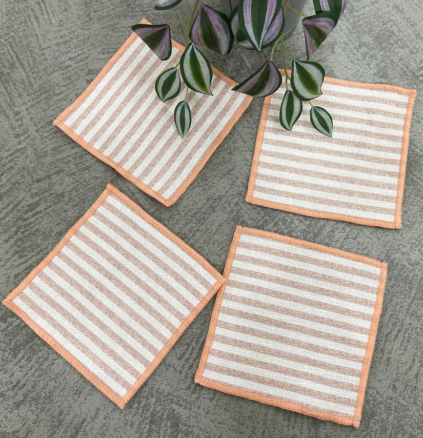 Apricot Sunset Cabana Stripe Linen-Look Coaster Set  Pack of 4 pieces