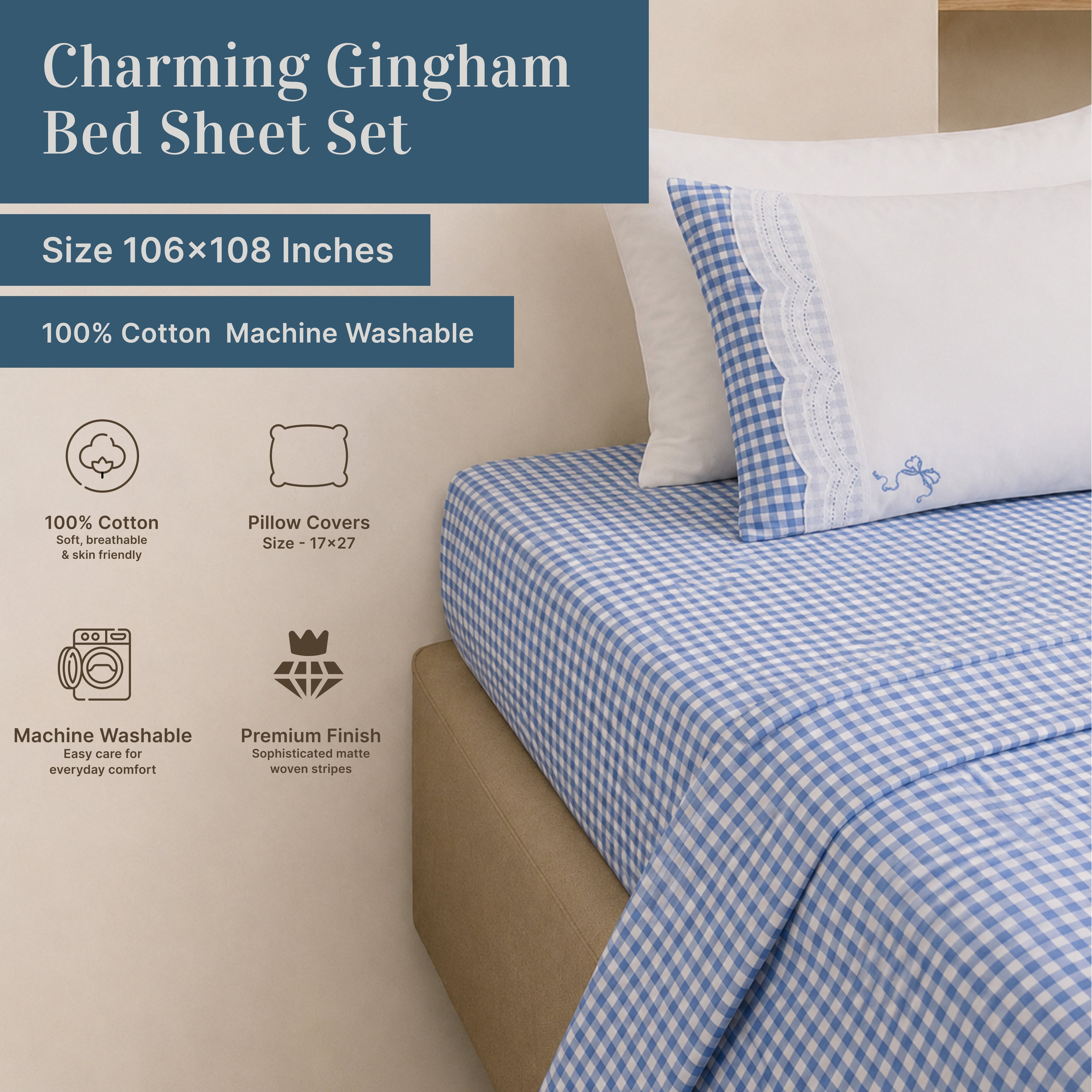 Charming Gingham Check Embroidered Lace Bed Sheet Set