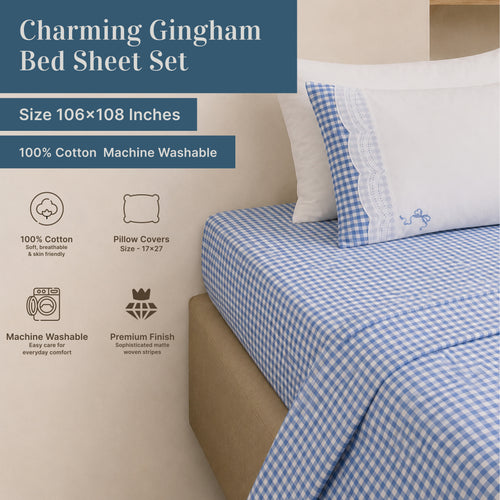 EcruE Charming Gingham Check Embroidered Lace 100% Cotton Bed Sheet Set – Soft, Breathable & Premium Comfort