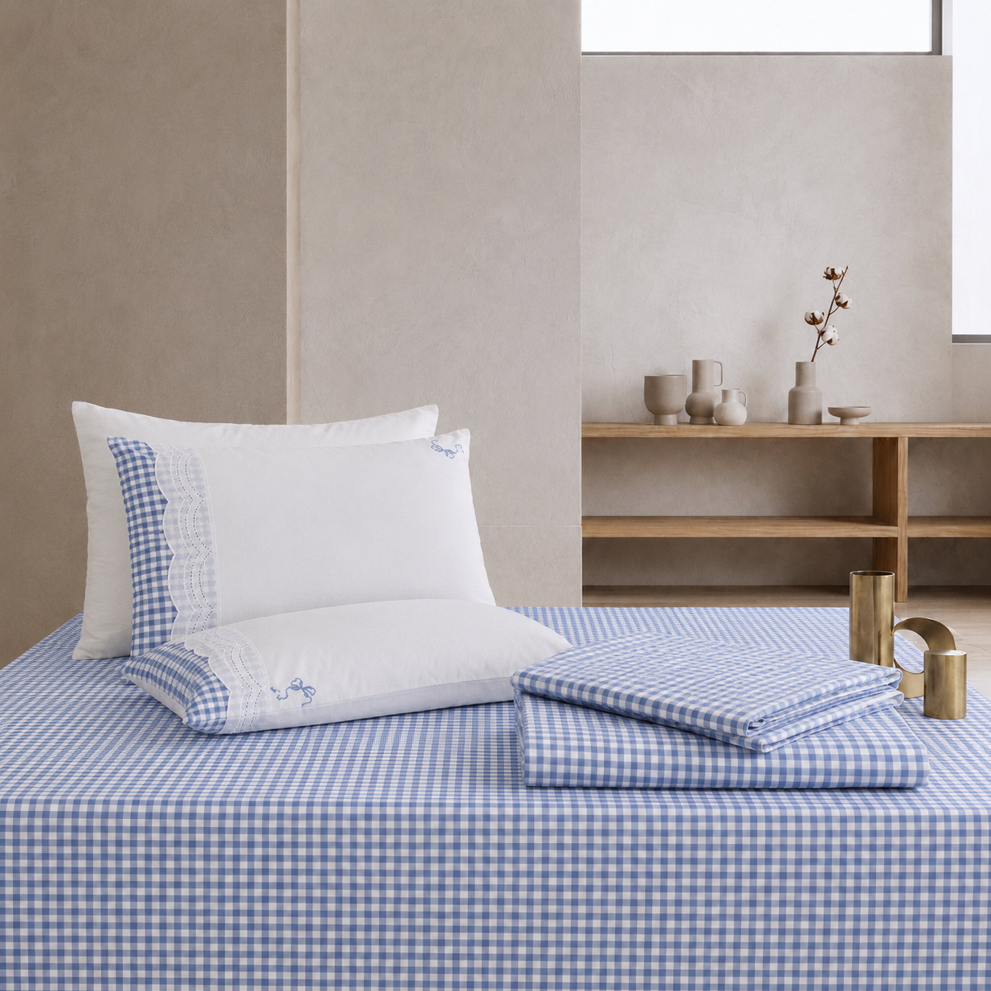 Charming Gingham Check Embroidered Lace Bed Sheet Set