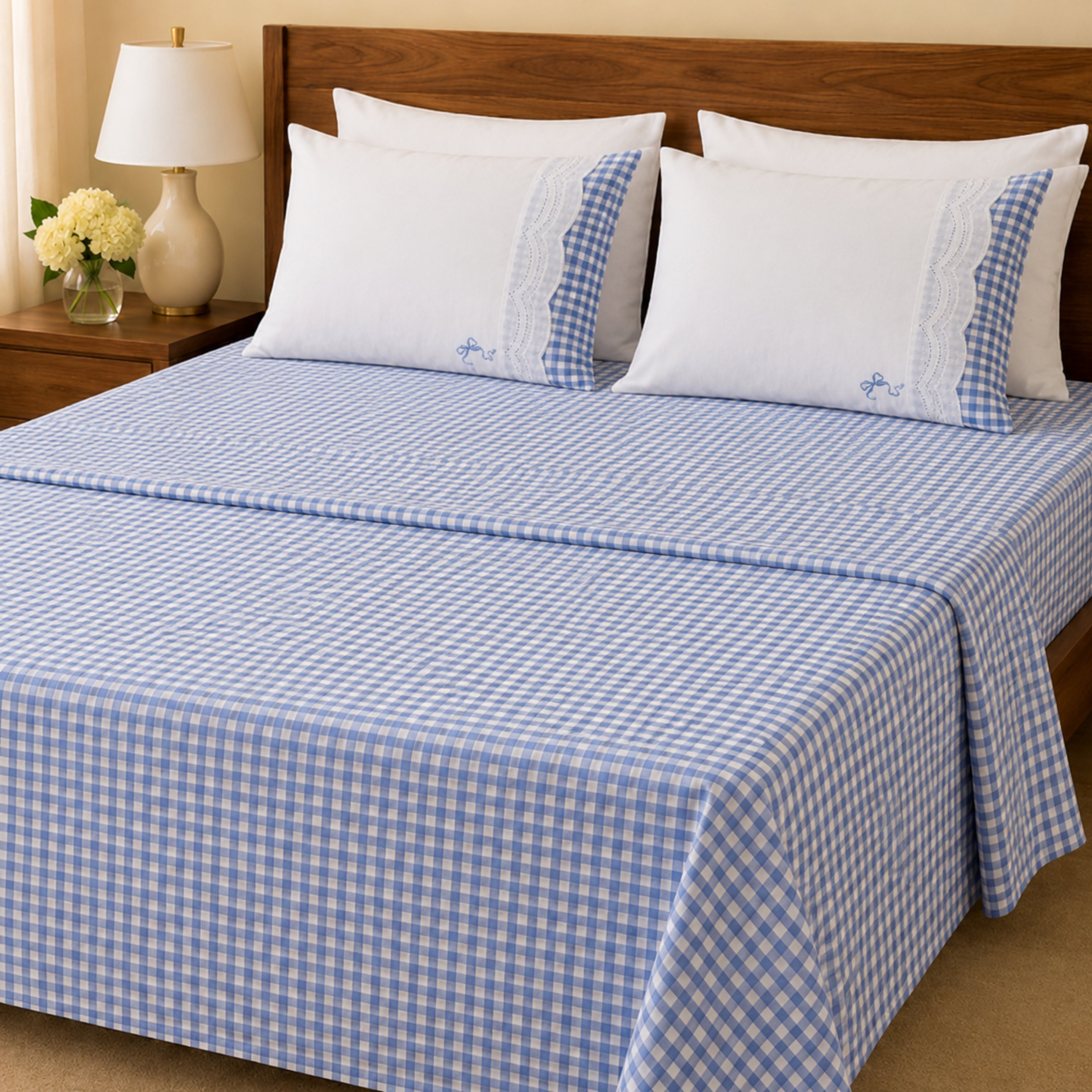 Charming Gingham Check Embroidered Lace Bed Sheet Set