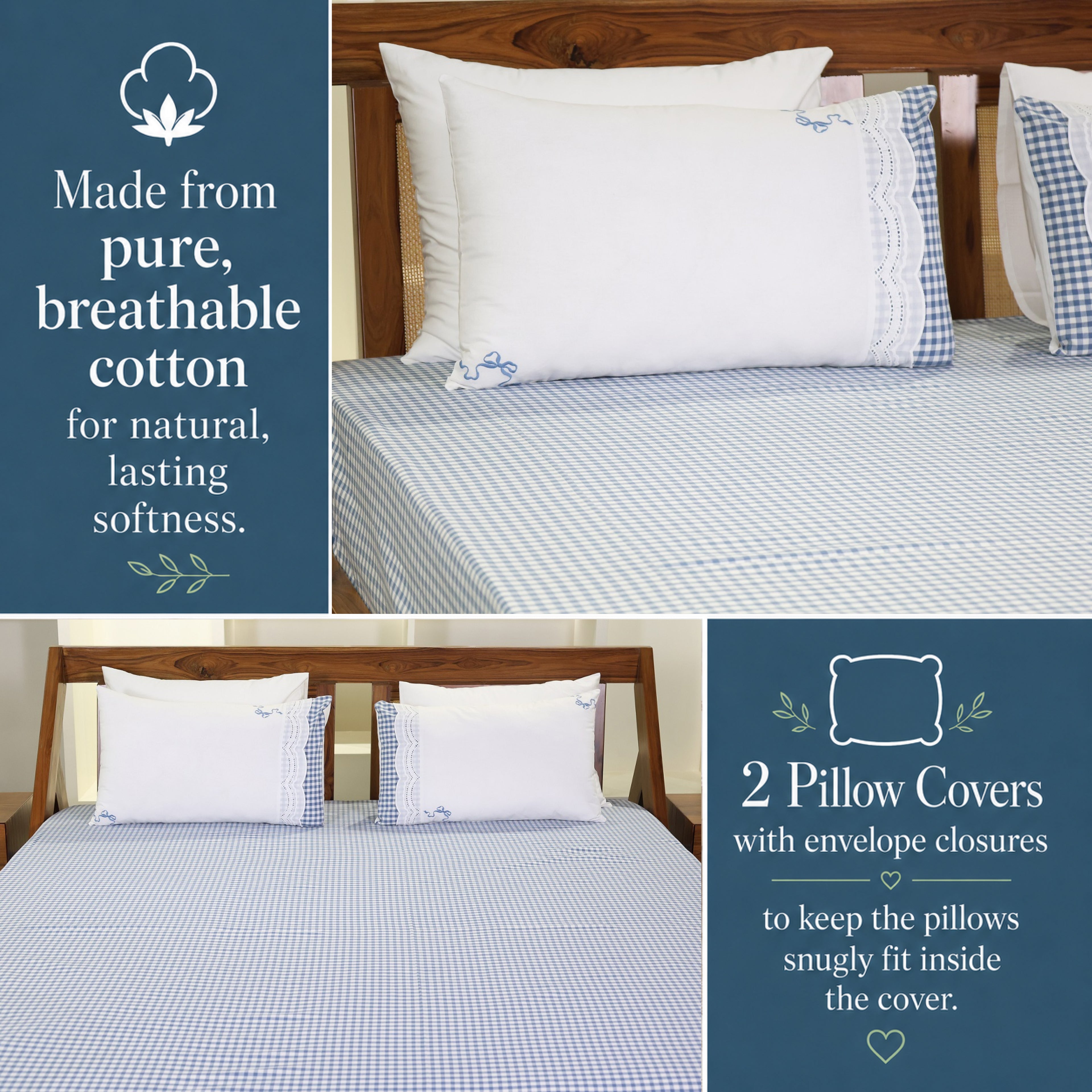 Charming Gingham Check Embroidered Lace Bed Sheet Set