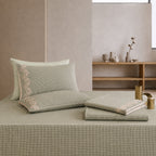 EcruE Mini-Gingham & Velvet Trim 100% Cotton Bed Sheet Set – Soft, Breathable & Premium Comfort