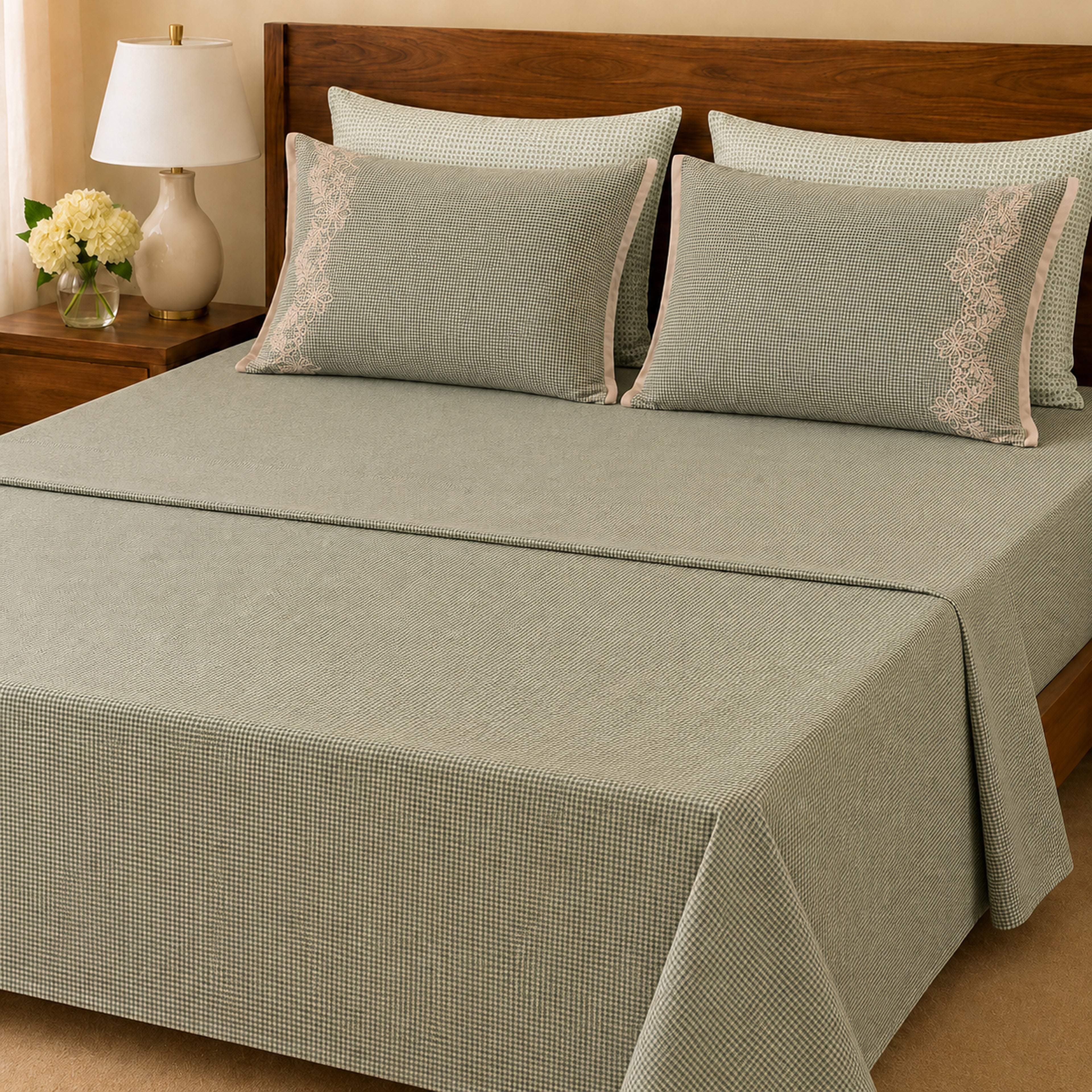 Mini-Gingham & Velvet Trim Bed Sheet Set