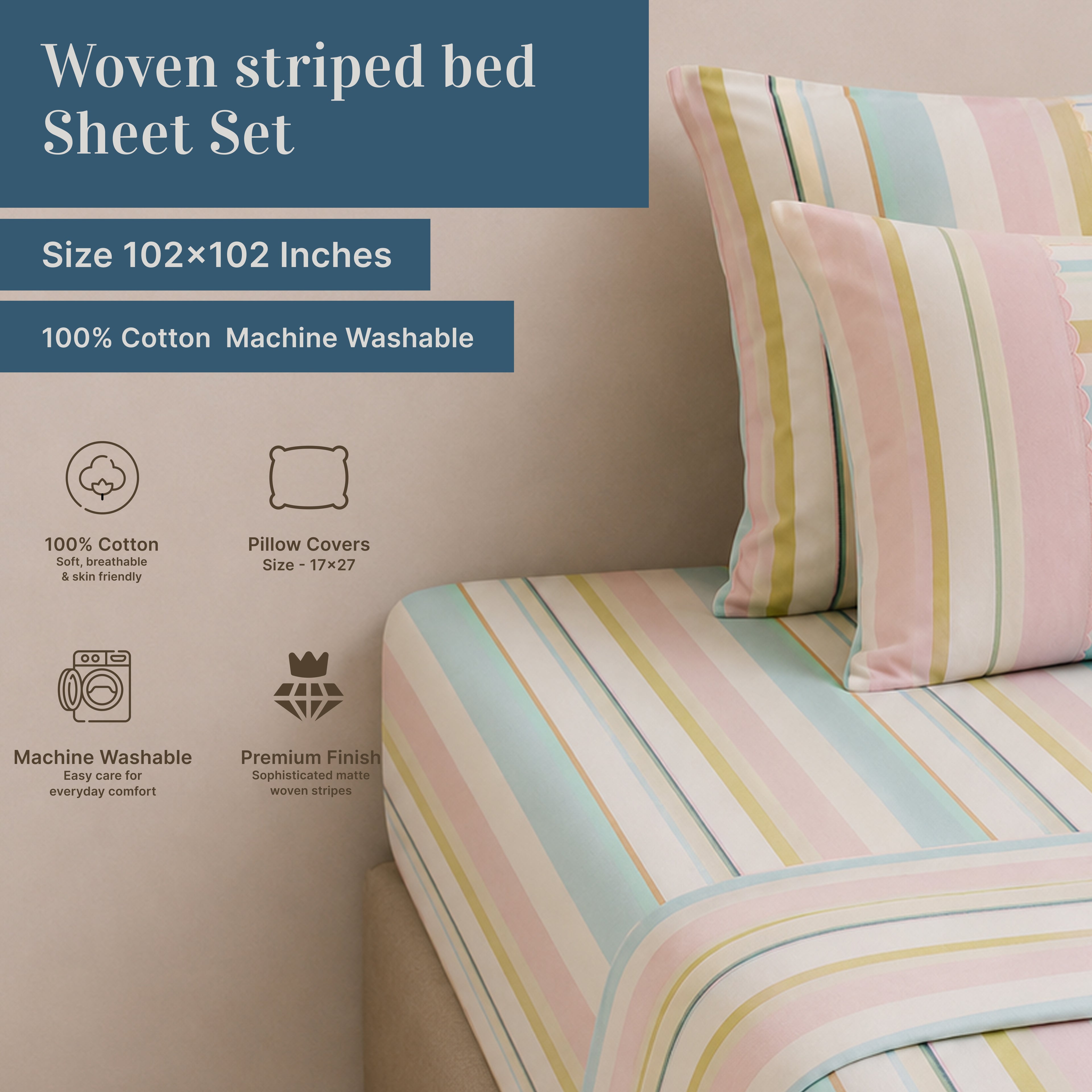 Premium Cotton Woven Multi Colour Stripe Flat Bed Sheet Set