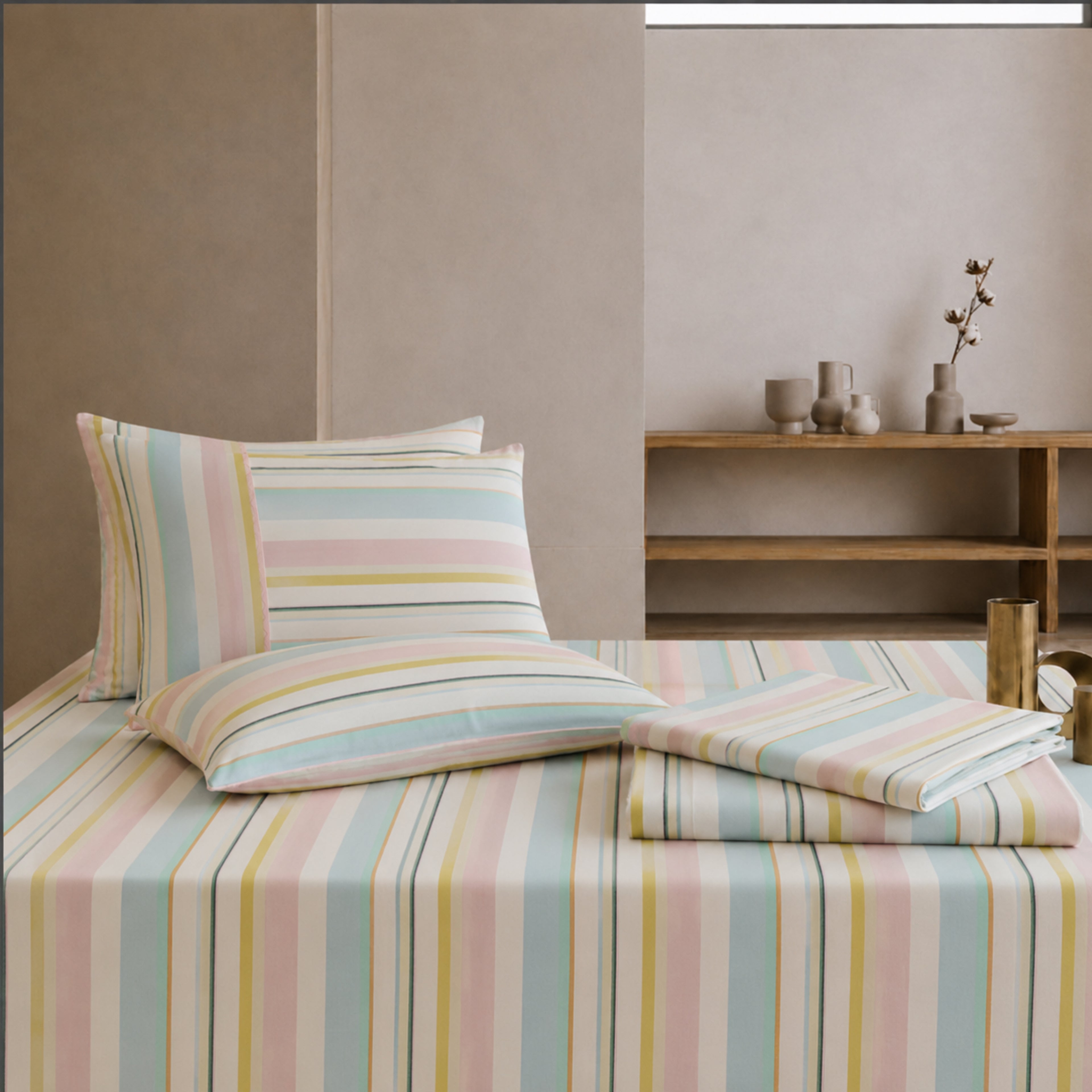 Premium Cotton Woven Multi Colour Stripe Flat Bed Sheet Set