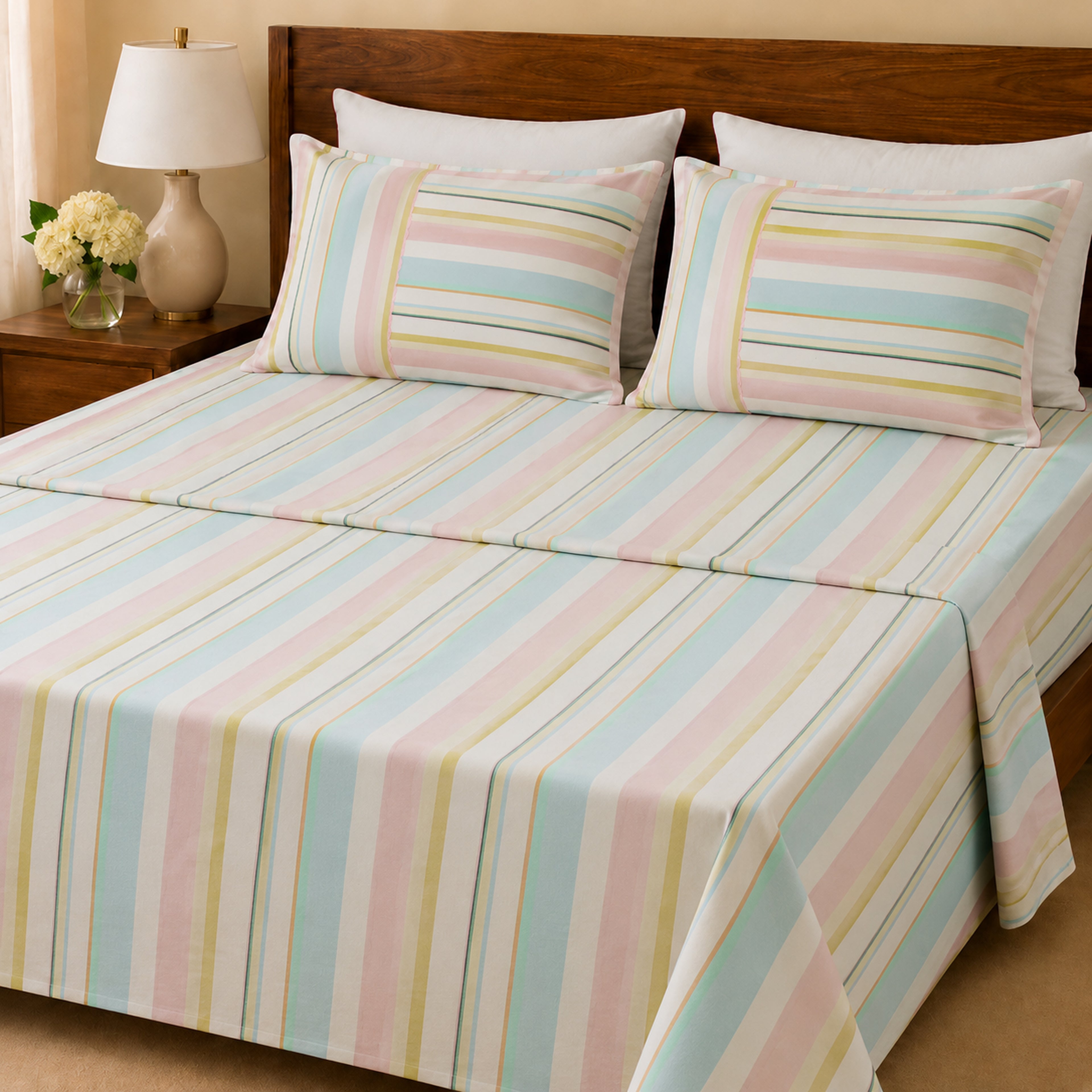 Premium Cotton Woven Multi Colour Stripe Flat Bed Sheet Set