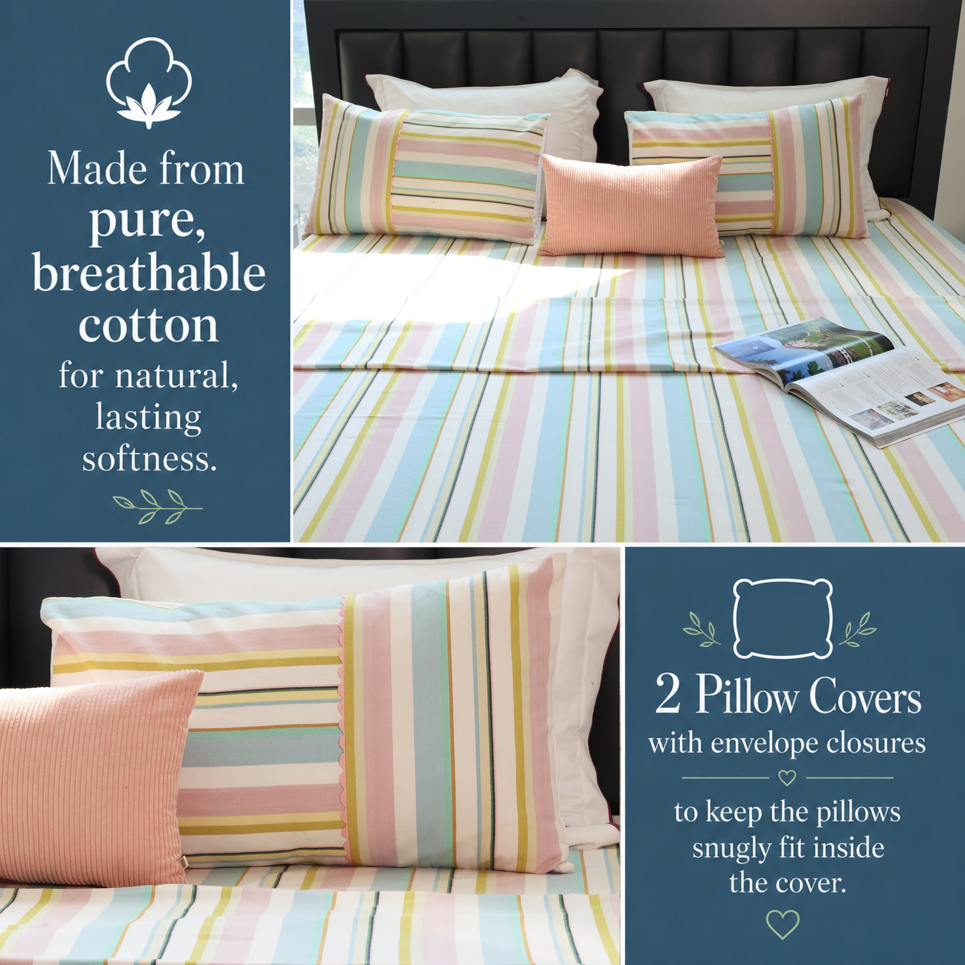 Premium Cotton Woven Multi Colour Stripe Flat Bed Sheet Set