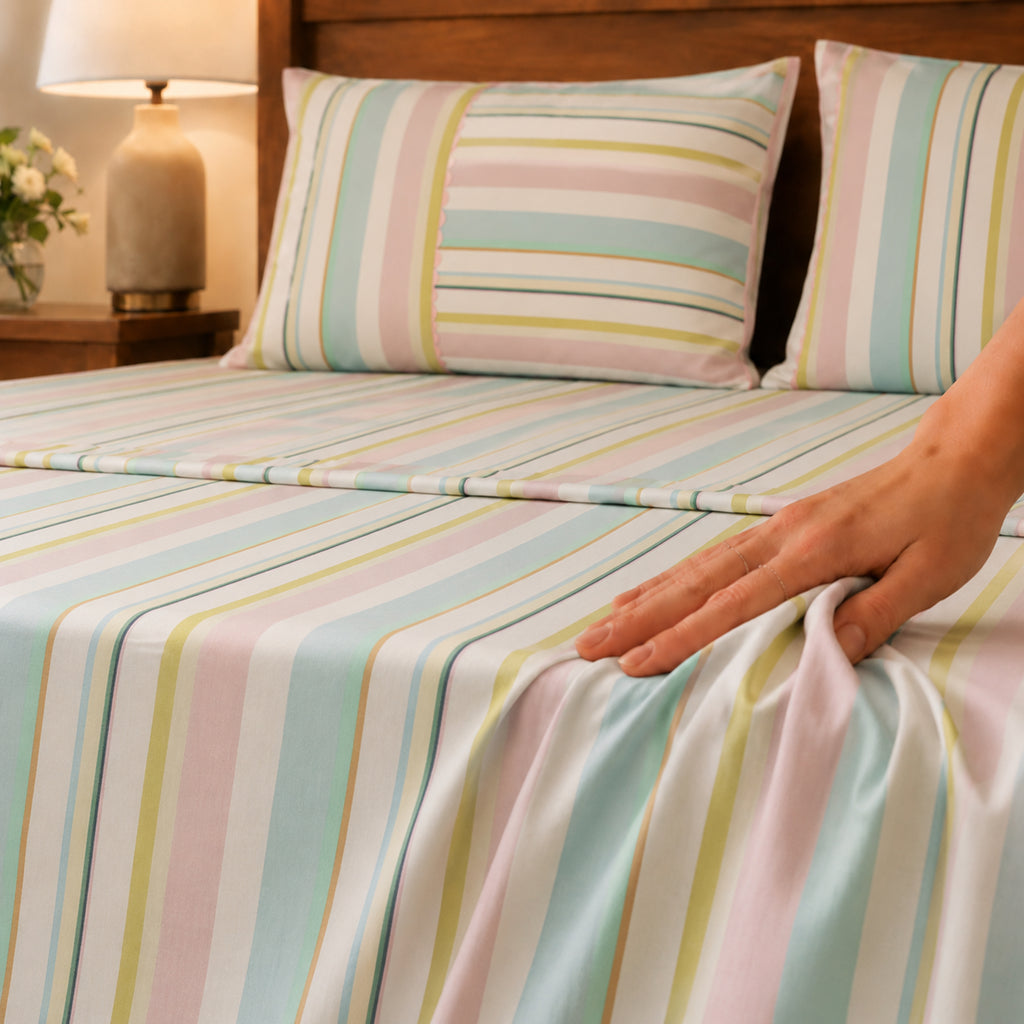 Premium Cotton Woven Multi Colour Stripe Flat Bed Sheet Set