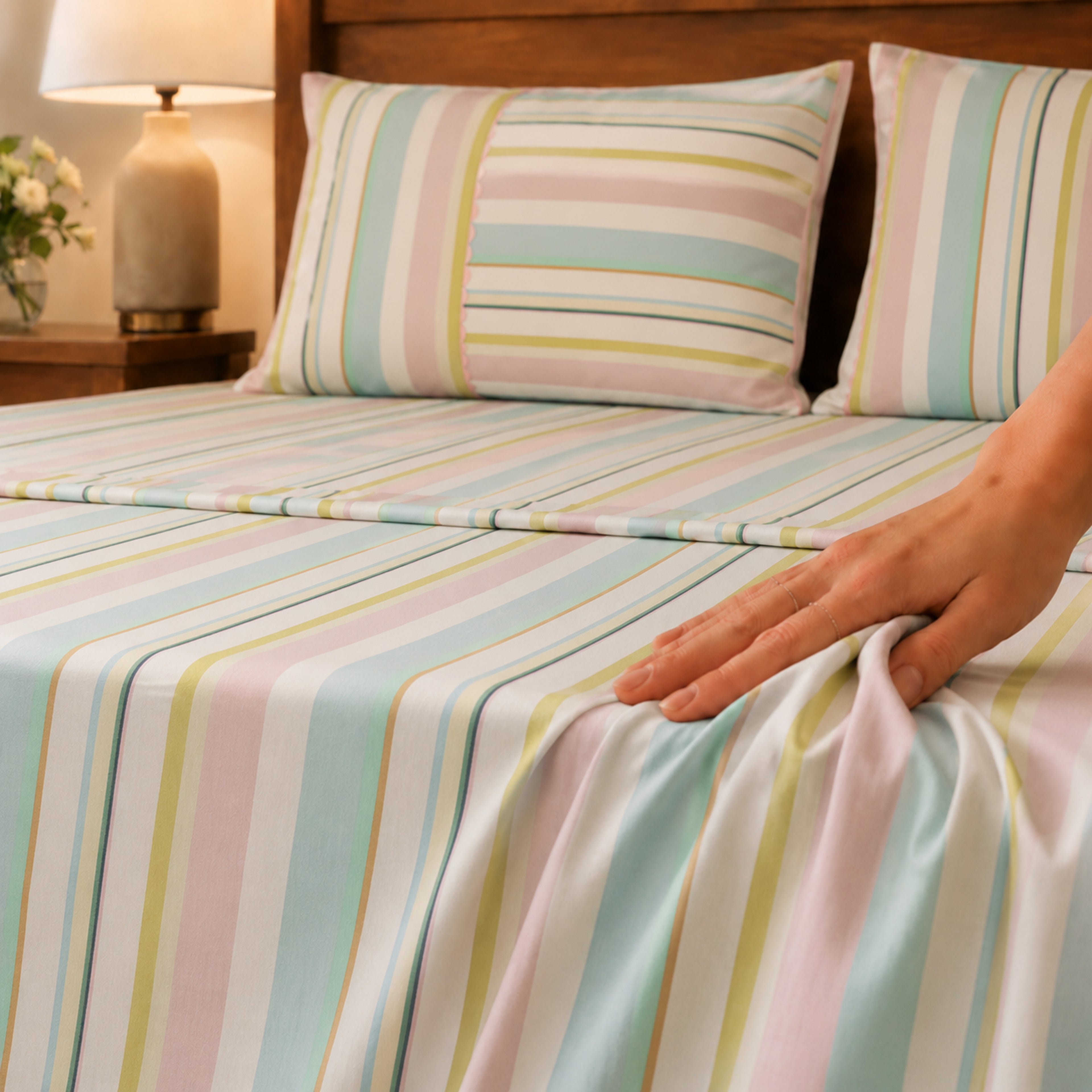 Premium Cotton Woven Multi Colour Stripe Flat Bed Sheet Set