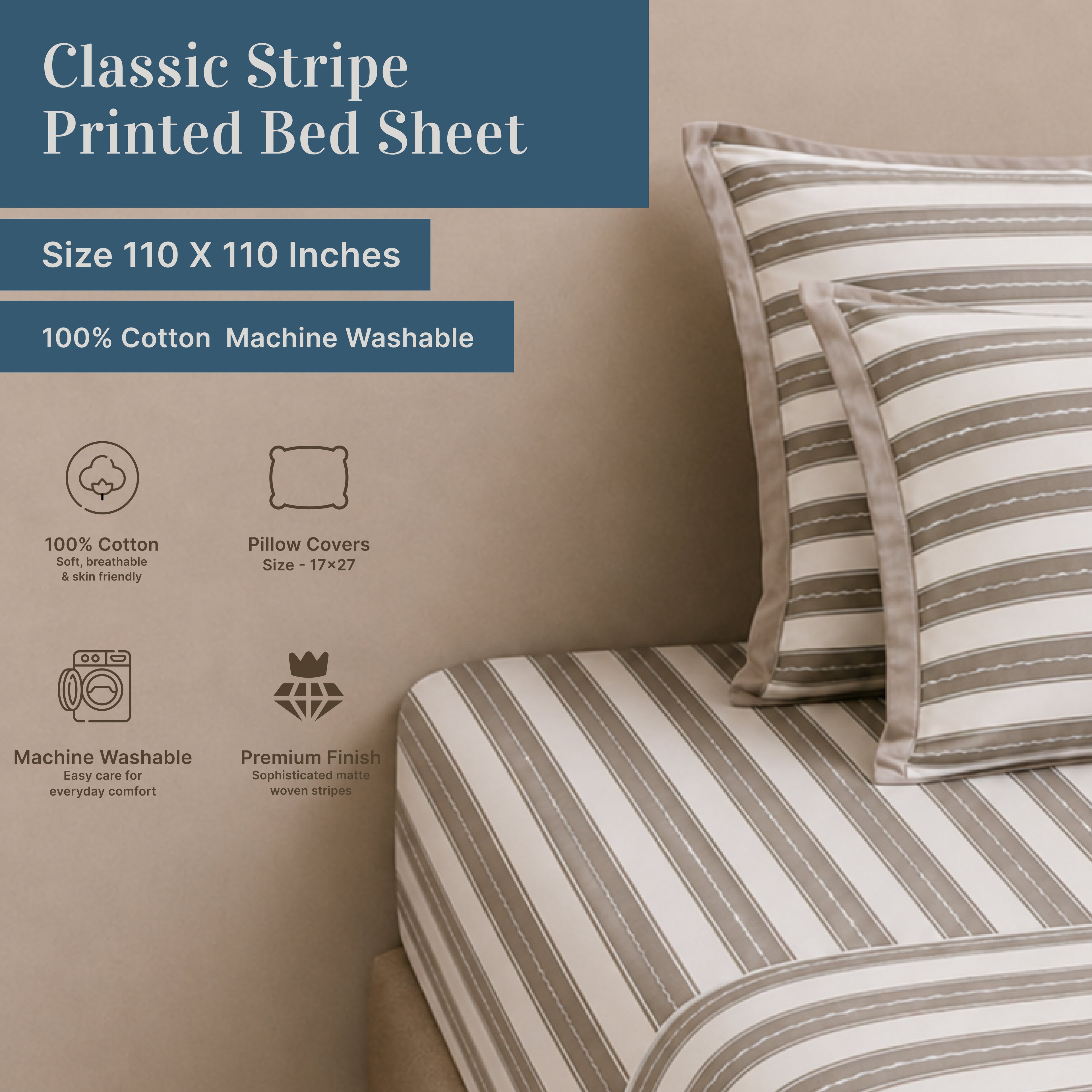 Luxury Harbour Printed Stripe 200TC Cotton Flat Bed Sheet Set