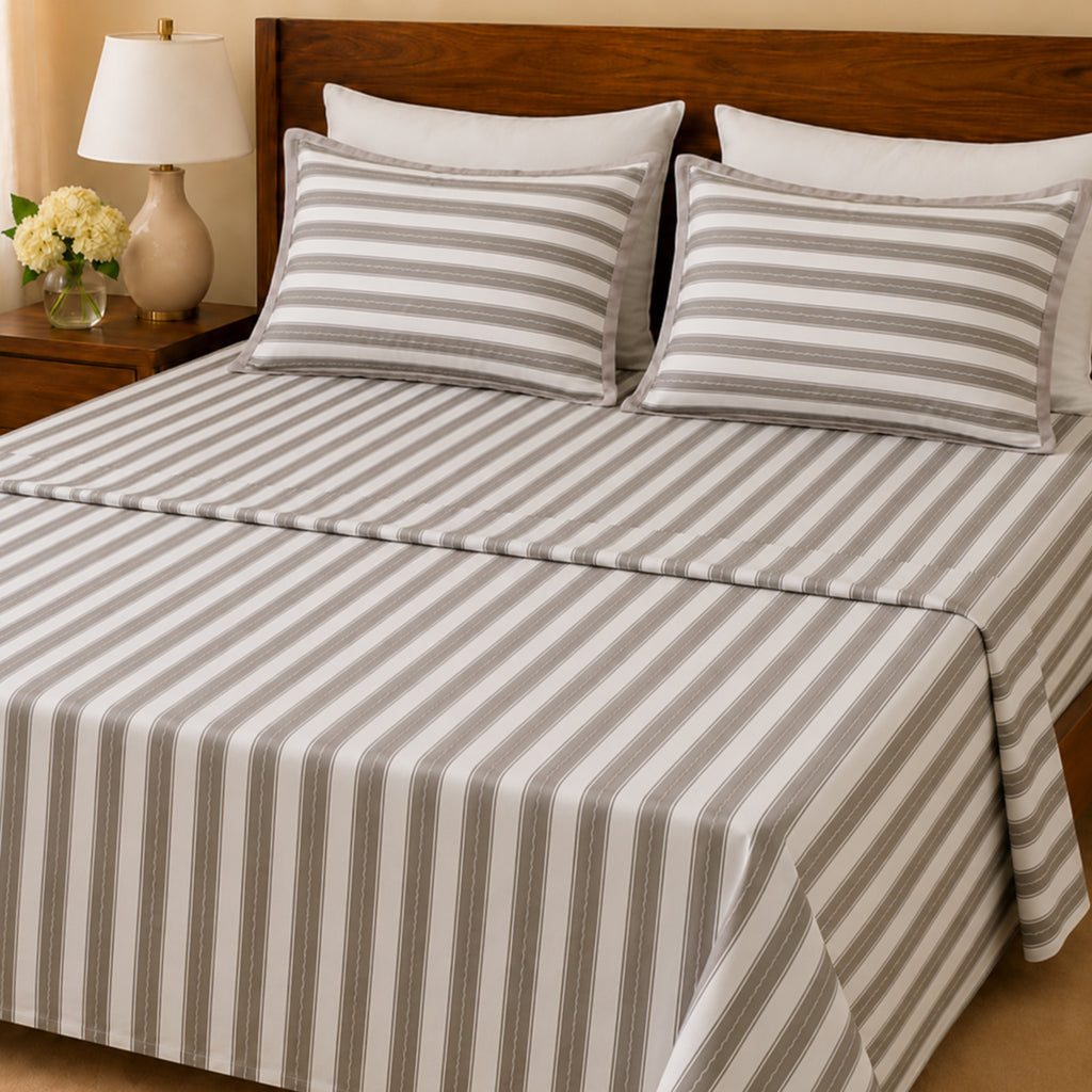 Luxury Harbour Printed Stripe 200TC Cotton Flat Bed Sheet Set