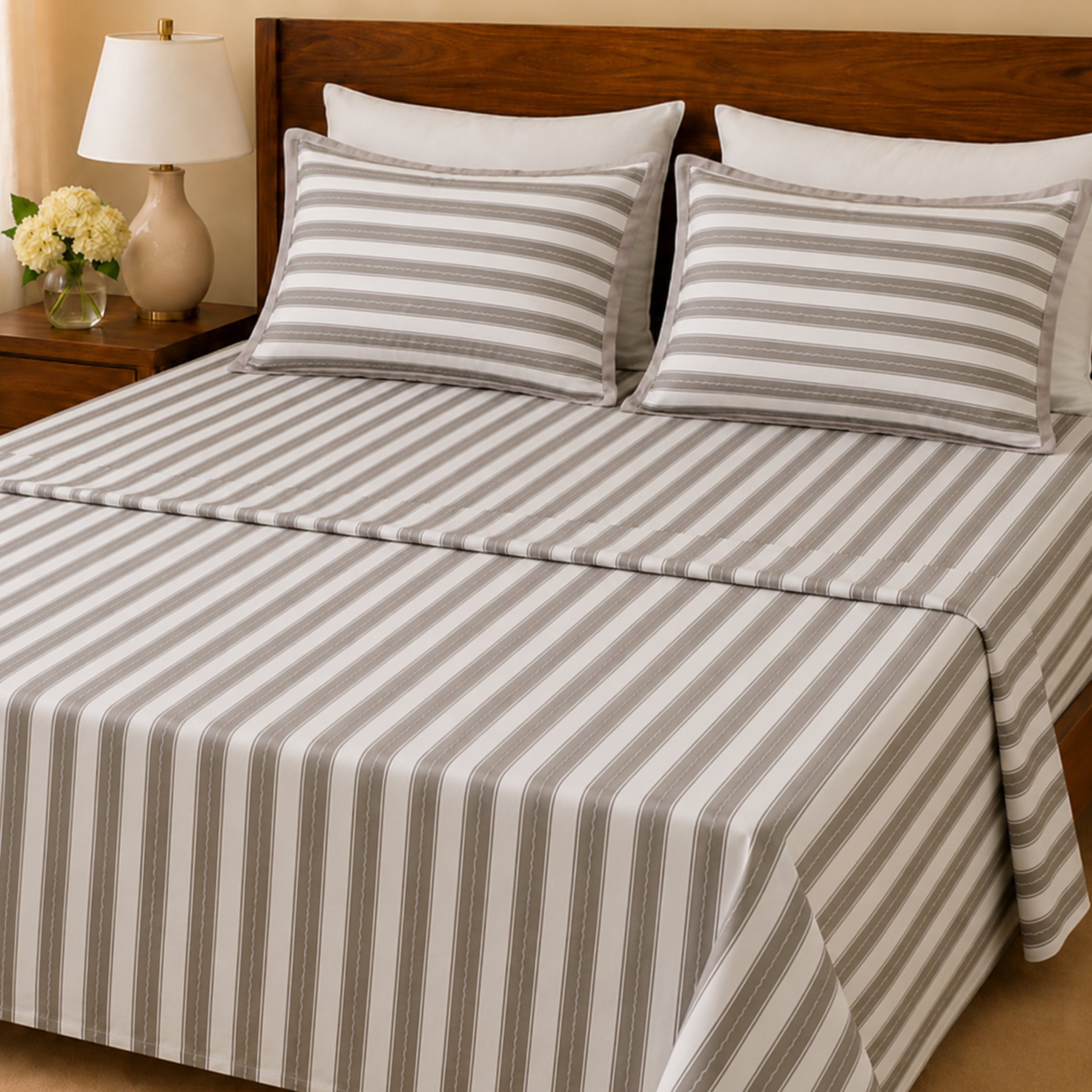 Luxury Harbour Printed Stripe 200TC Cotton Flat Bed Sheet Set