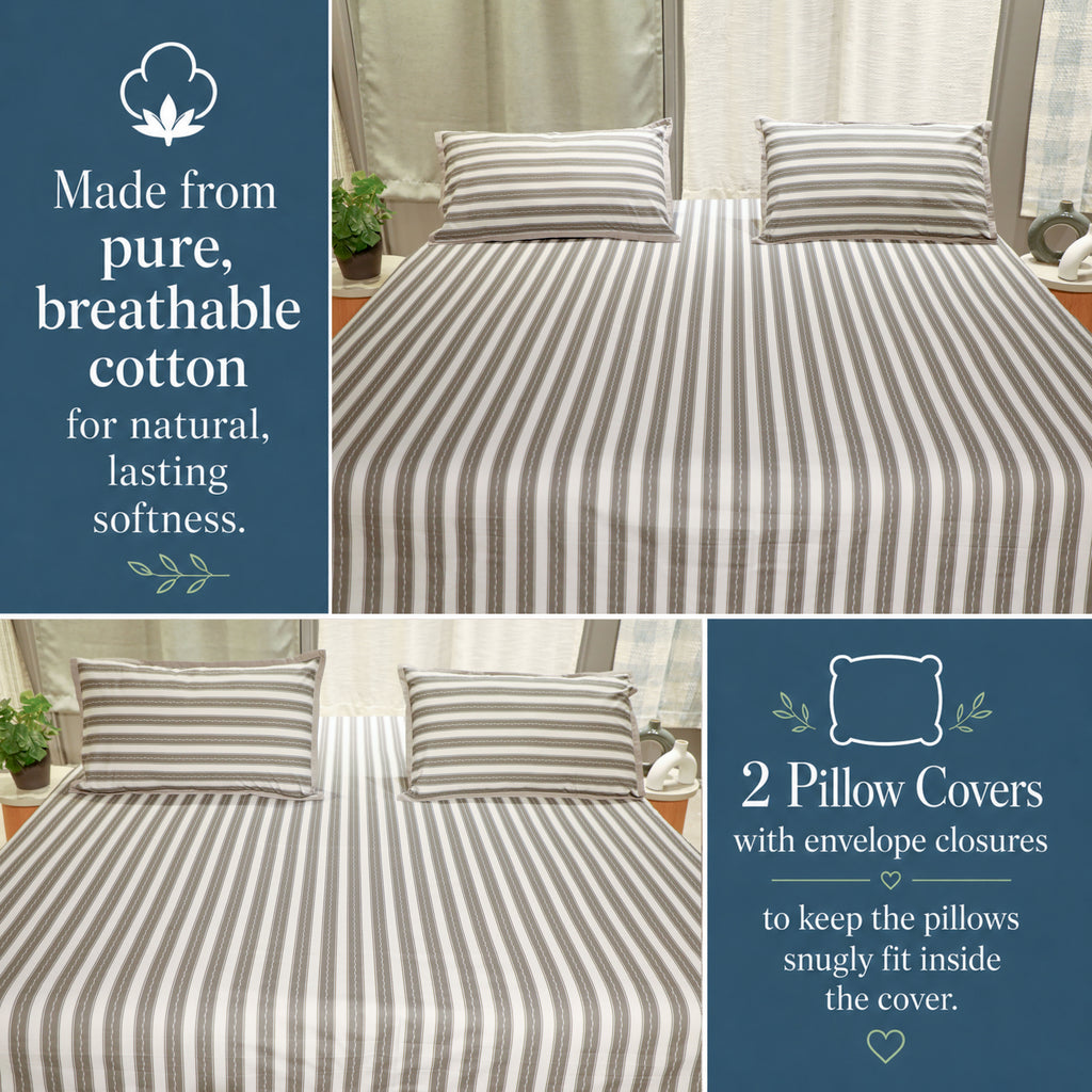 Luxury Harbour Printed Stripe 200TC Cotton Flat Bed Sheet Set