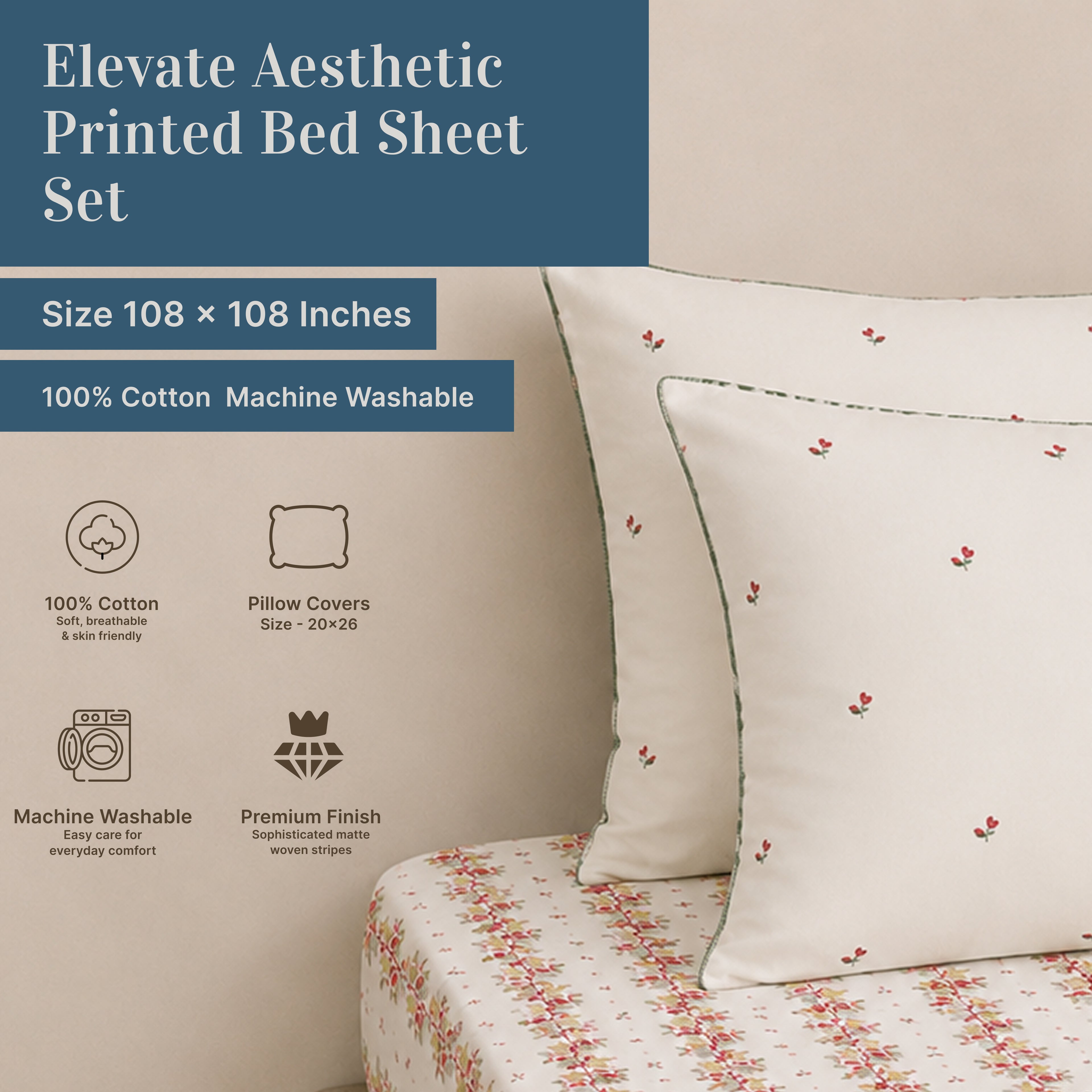 Elevate Aesthetic Cotton Printed Flat Bed Sheet Set