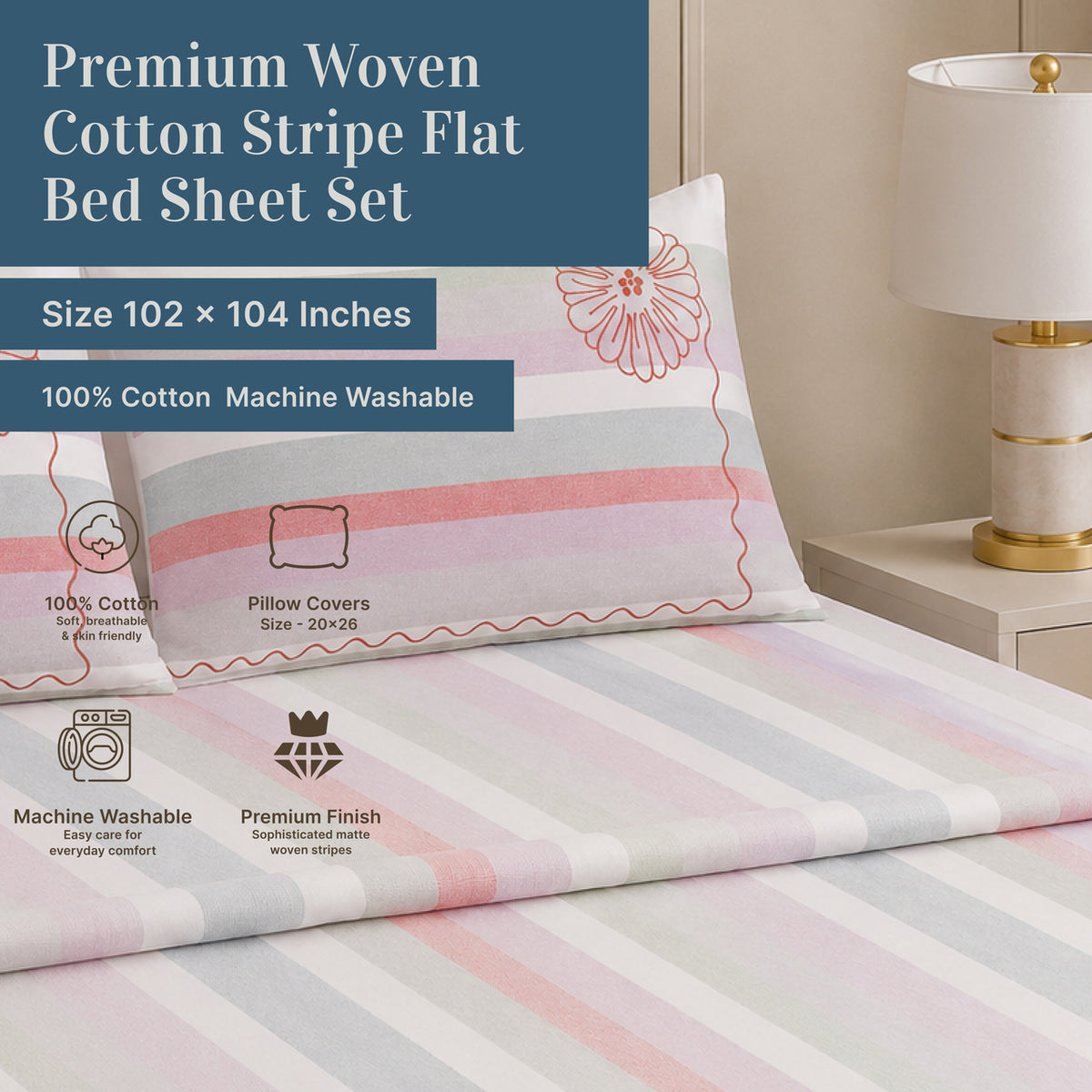 Multi-Colour Yarn-Dyed Stripe 100% Cotton Bed Sheet Set