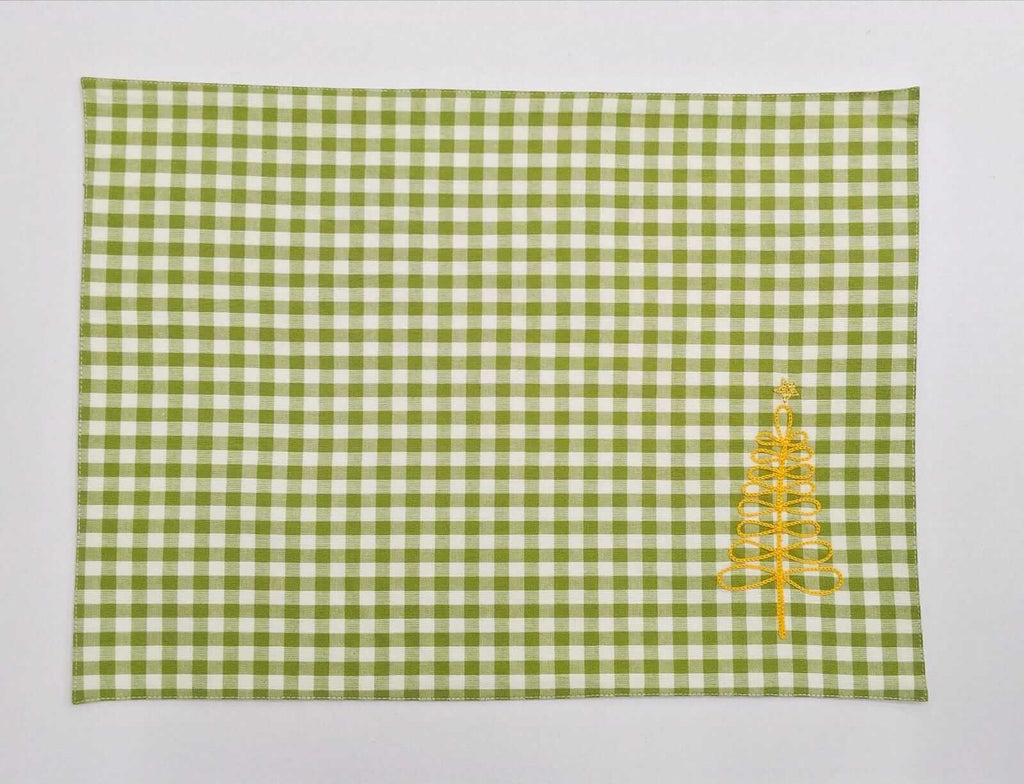 Festive Green Gingham Embroidered Placemat Set Of 2Pcs