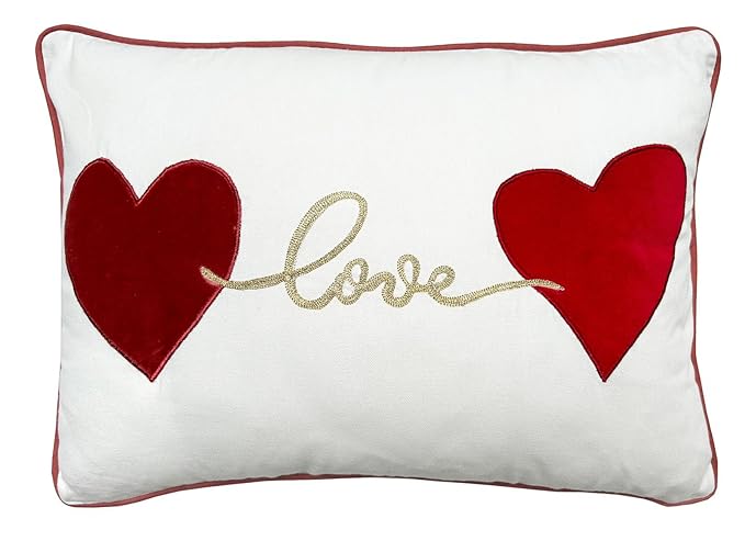 EcruE Luxury "Luxury Velvet Patch Embroidered Pillow | 14x20'' | 100% Cotton Canvas | Hand-Embroidered with Red Velvet Hearts | Non-Woven Filler | Valentine Cushion | Elegant Home Décor Accent