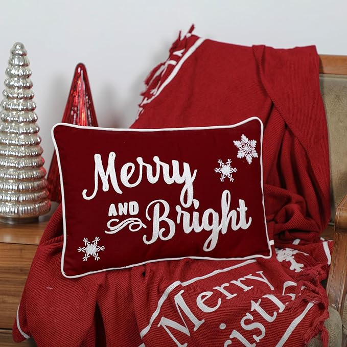EcruE Luxury Merry and Bright Embroidered Cushion – 12x18 Inches, Festive Holiday Decor | Elegant Home Décor Accent