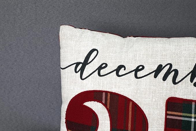 December 25" Plaid Embroidered Christmas Pillow, 16x16 Inches